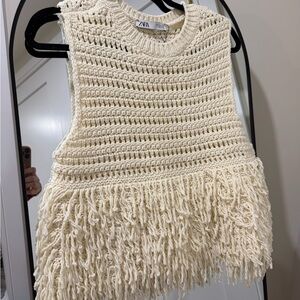 Zara Ivory Crochet Fringe Tank